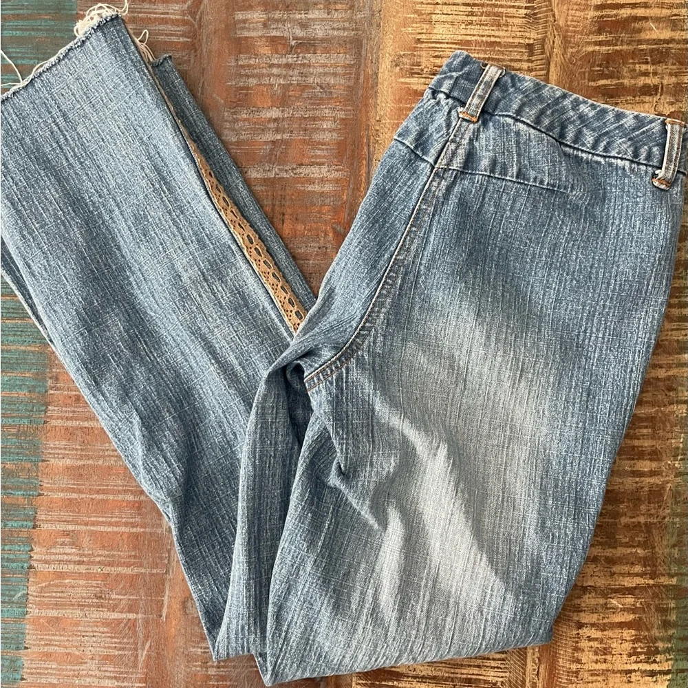 INC International Concepts Blue Jeans with Brown Lace Detail - Picture 2 of 8